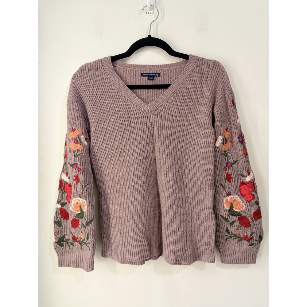 American Eagle Embroidered Floral Sleeve Knit Sweater Mauve Pink XS Boho